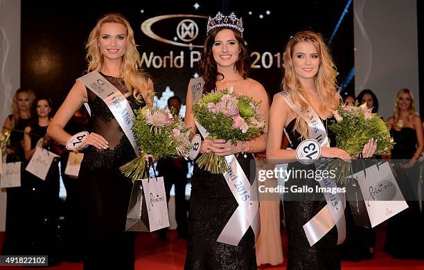 Marta Palucka, Miss Poland 2015 and runners up Natalia Tomczyk and Katarzyna Wlodarek at the finale of the Miss World Poland pageant on October 5,...