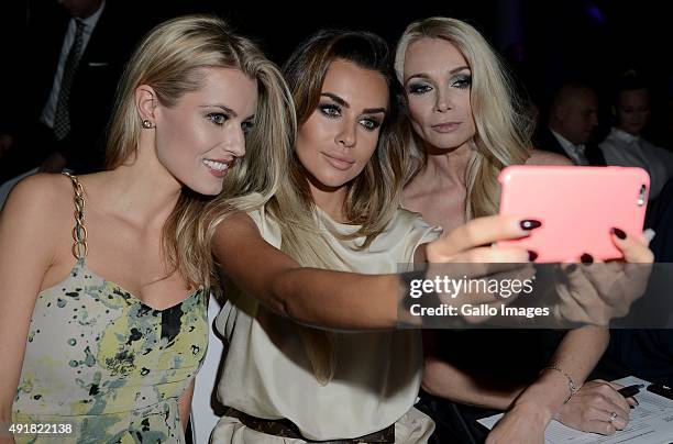 Joanna Pacula, Natalia Siwiec and Anna Tarnowska take a selfie at the finale of the Miss World Poland pageant on October 5, 2015 in Endorfina Club in...