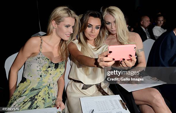 Joanna Pacula, Natalia Siwiec and Anna Tarnowska take a selfie at the finale of the Miss World Poland pageant on October 5, 2015 in Endorfina Club in...