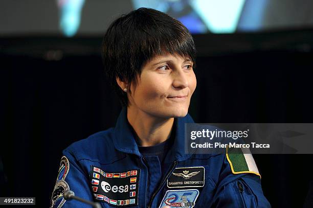 Astronaut Samantha Cristoforetti of ESA space agency attends the ESA Futura Mission press conference at the Central Station on October 8, 2015 in...