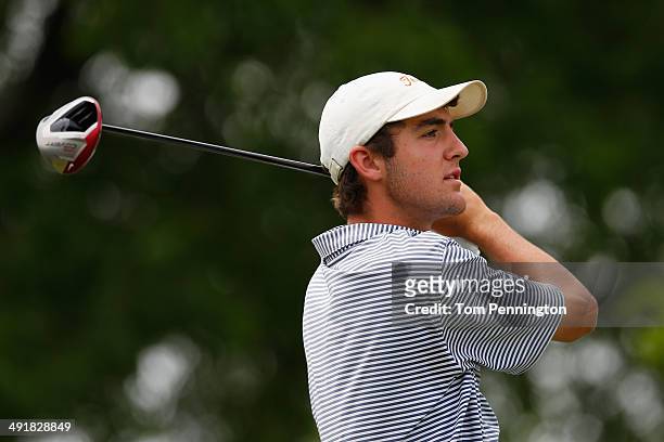 Amateur Scottie Scheffler plays a tee shot during Round Three of the HP Byron Nelson Championship at the TPC Four Seasons Resort on May 17, 2014 in...
