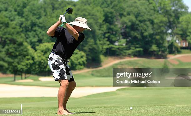Celebrity golfer Jim McMahon hits his drive on the fifth hole during the third round of the BMW Charity Pro-Am Presented by SYNNEX Corporation held...