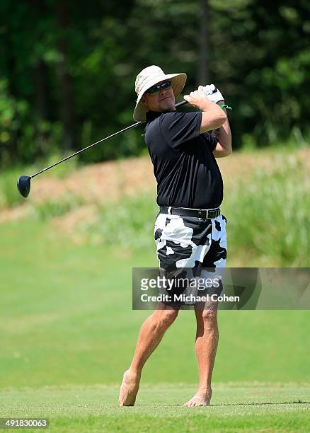 Celebrity golfer Jim McMahon hits his drive on the second hole during the third round of the BMW Charity Pro-Am Presented by SYNNEX Corporation held...