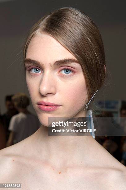 Model backstage during the Christian Dior Ready to Wear show as part of the Paris Fashion Week Womenswear Spring/Summer 2016 on October 2, 2015 in...