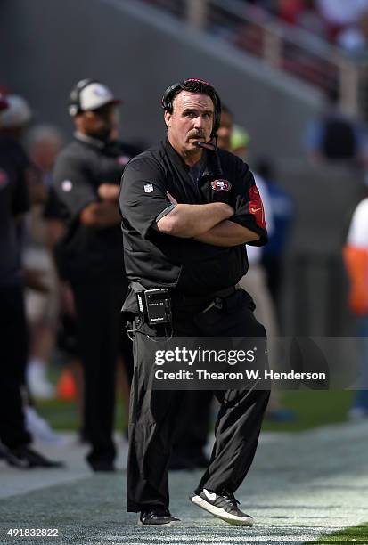 Head coach Jim Tomsula of the San Francisco 49ers looks on from the sidelines against the Green Bay Packers during their NFL football game at Levi's...