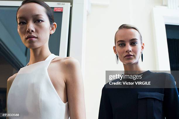 Fei Fei Sun backstage during the Mugler Ready to Wear show as part of the Paris Fashion Week Womenswear Spring/Summer 2016 on October 3, 2015 in...