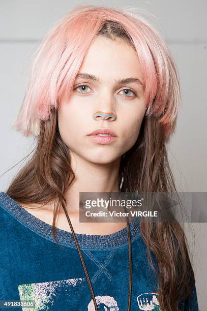 Model backstage during the Vivienne Westwood Ready to Wear show as part of the Paris Fashion Week Womenswear Spring/Summer 2016 on October 3, 2015 in...
