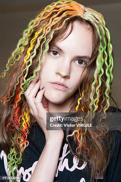 Model backstage during the Vivienne Westwood Ready to Wear show as part of the Paris Fashion Week Womenswear Spring/Summer 2016 on October 3, 2015 in...