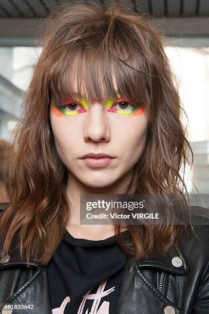 Model backstage during the Vivienne Westwood Ready to Wear show as part of the Paris Fashion Week Womenswear Spring/Summer 2016 on October 3, 2015 in...