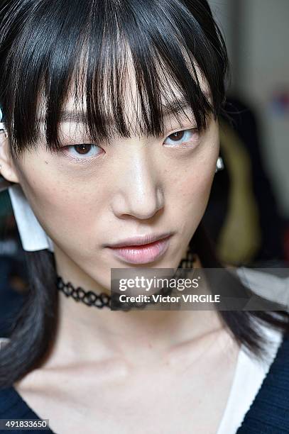 Model backstage during the Sacai Ready to Wear show as part of the Paris Fashion Week Womenswear Spring/Summer 2016 on October 5, 2015 in Paris,...