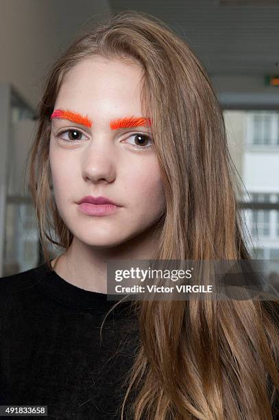 Model backstage during the Vivienne Westwood Ready to Wear show as part of the Paris Fashion Week Womenswear Spring/Summer 2016 on October 3, 2015 in...