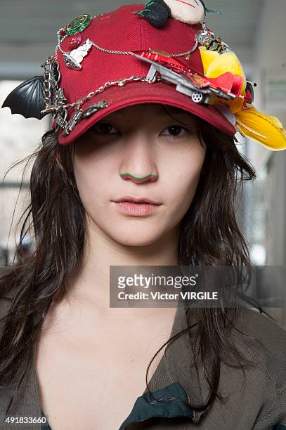 Model backstage during the Vivienne Westwood Ready to Wear show as part of the Paris Fashion Week Womenswear Spring/Summer 2016 on October 3, 2015 in...