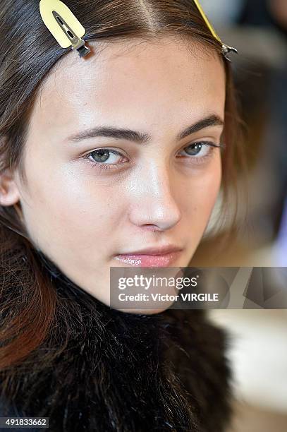 Model backstage during the Sacai Ready to Wear show as part of the Paris Fashion Week Womenswear Spring/Summer 2016 on October 5, 2015 in Paris,...
