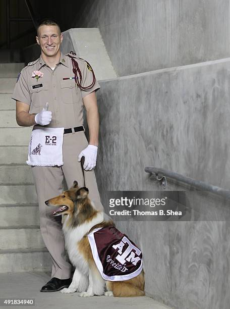Corps of Cadets Corporal Ian Moss with Reveille IX while the Texas A&M Aggies play the Mississippi State Bulldogs on October 3, 2015 at Kyle Field in...