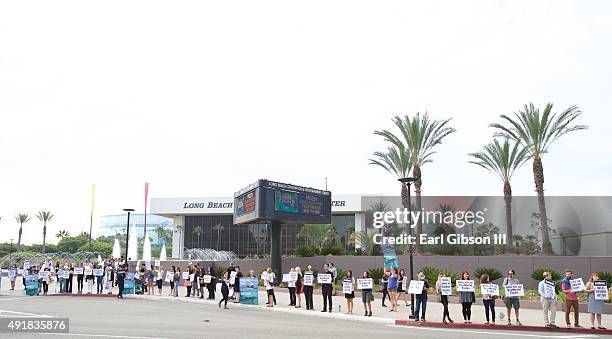 Protesters Urge "No" Vote on SeaWorld Propesed New Orca Prisons at Long Beach Convention Center on October 8, 2015 in Long Beach, California.