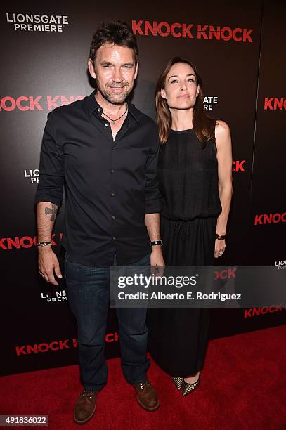 Actors Dougray Scott and Claire Forlani attend the premiere of Lionsgate's "Knock Knock" at TCL Chinese 6 Theatres on October 7, 2015 in Hollywood,...