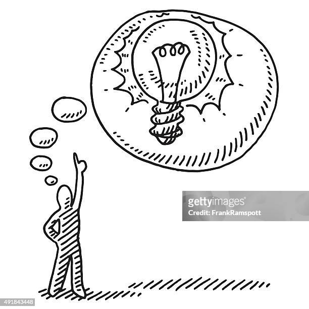 ilustrações, clipart, desenhos animados e ícones de figura de palito desenho de lâmpada idéia balão de pensamento - caneta e pilô