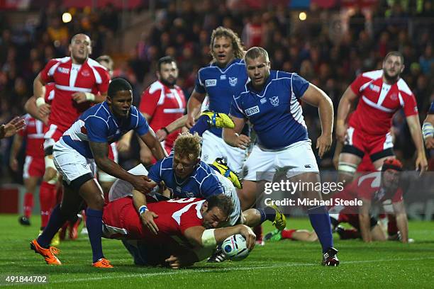 Mamuka Gorgodze of Georgia scores his sides second try during the 2015 Rugby World Cup Pool C match between Namibia and Georgia at Sandy Park on...