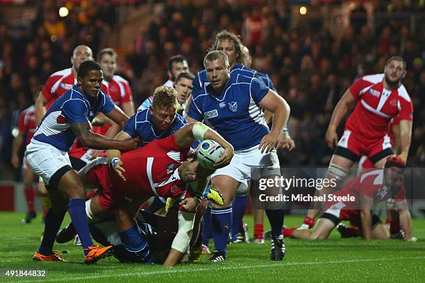 Mamuka Gorgodze of Georgia scores his sides second try during the 2015 Rugby World Cup Pool C match between Namibia and Georgia at Sandy Park on...