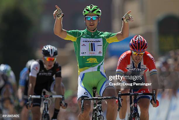 Peter Sagan of Slovakia riding for the Cannondale Pro Cycling Team celebrates his victory over Thor Hushovd of Norway riding for the BMC Racing Team...