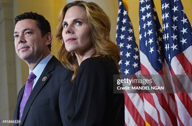 Rep. Jason Chaffetz, R-UT, with Julie at his side, speaks following the Republican nomination election for House speaker in the Longworth House...