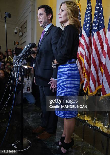 Rep. Jason Chaffetz, R-UT, with Julie at his side, speaks following the Republican nomination election for House speaker in the Longworth House...