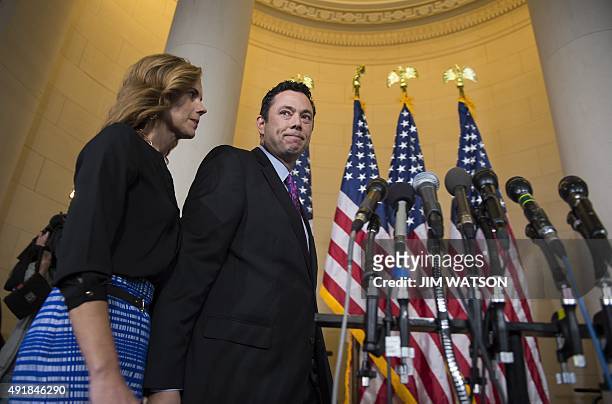 Nominee for Speaker of the House Congressman Jason Chaffetz , R-Utah, walks out to speak with the press with his wife Julie on Capitol Hill in...