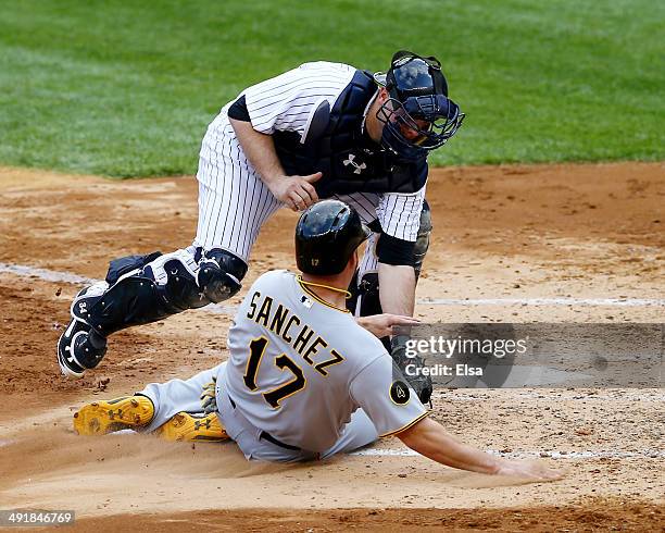 Brian McCann of the New York Yankees tags out Gaby Sanchez of the Pittsburgh Pirates in the fourth inning on May 17, 2014 at Yankee Stadium in the...