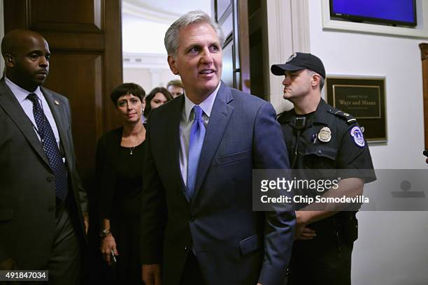 House Majority Leader Kevin McCarthy and his wife Judy walk out of the caucus room after he announced that he will not be a candidate for Speaker of...