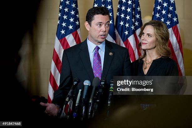 Representative Jason Chaffetz, a Republican from Utah, speaks to members of the media with his wife Julie after a closed House Republican election...