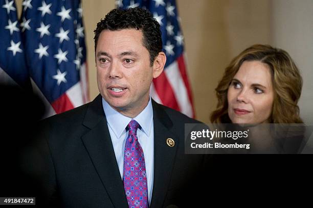 Representative Jason Chaffetz, a Republican from Utah, speaks to members of the media with his wife Julie after a closed House Republican election...