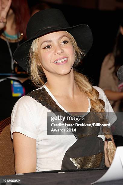 Singer Shakira is interviewed backstage at Radio Row during the 2014 Billboard Music Awards at the MGM Grand Garden Arena on May 17, 2014 in Las...