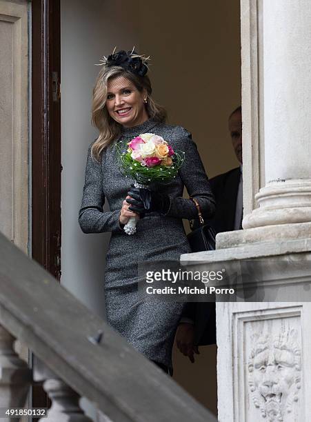 Queen Maxima of The Netherlands visits the former mining region on October 8, 2015 in Kerkrade, Netherlands. The region this year celebrates the...