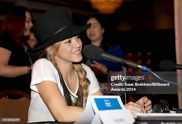Singer Shakira is interviewed backstage at Radio Row during the 2014 Billboard Music Awards at the MGM Grand Garden Arena on May 17, 2014 in Las...