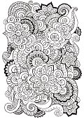 Doodle background in vector with  flowers, paisley.  Black and white.