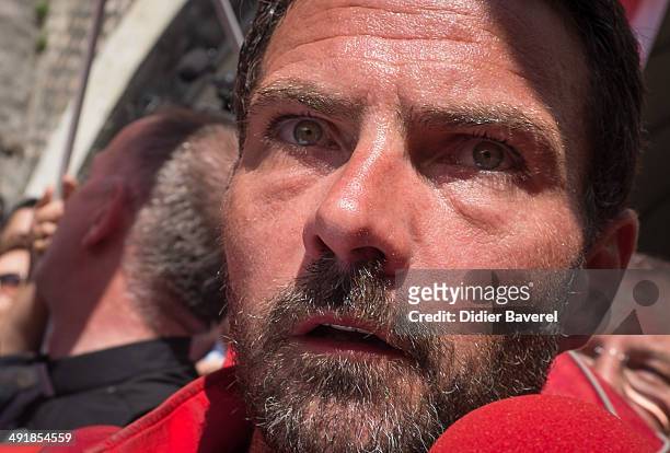 Former Societe General Bank trader Jerome Kerviel arrives near the French Border where he is waited by Police on May 17, 2014 in Ventimiglia, Italy.