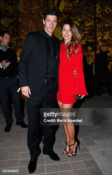 Robert Lewandowski of Dortmund pose with his wife Anna Stachurska during the Borussia Dortmund Champions party after the DFB Cup final 2014 at...