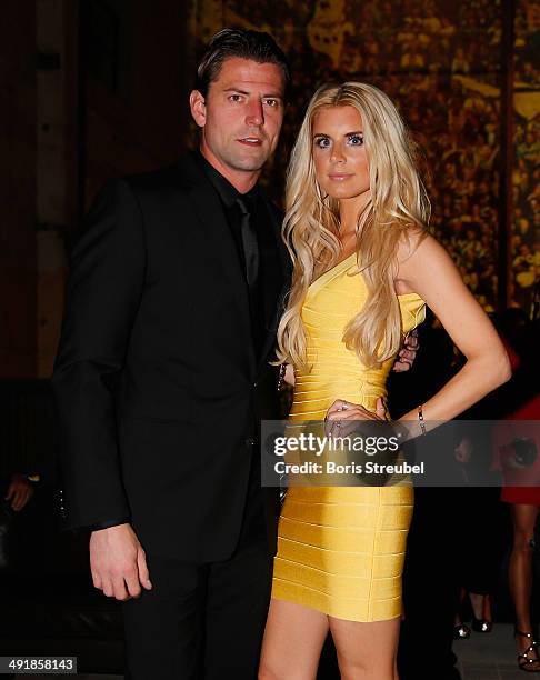 Roman Weidenfeller of Dortmund pose with his girl-friend Lisa Rossenbach during the Borussia Dortmund Champions party after the DFB Cup final 2014 at...