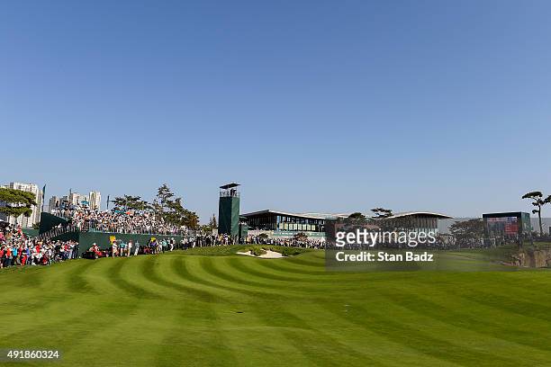 Course scenic view of the 18th hole during the first round of The Presidents Cup at Jack Nicklaus Golf Club Korea on October 8, 2015 in Songdo IBD,...