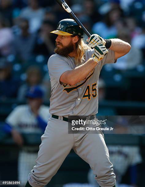 Bryan Anderson of the Oakland Athletics bats against the Seattle Mariners at Safeco Field on October 4, 2015 in Seattle, Washington.
