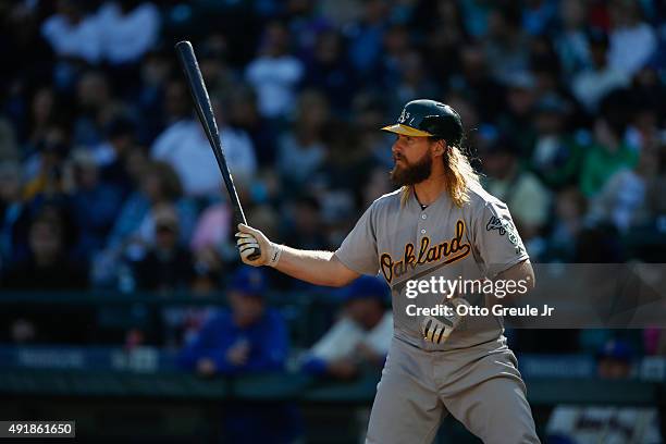 Bryan Anderson of the Oakland Athletics bats against the Seattle Mariners at Safeco Field on October 4, 2015 in Seattle, Washington.