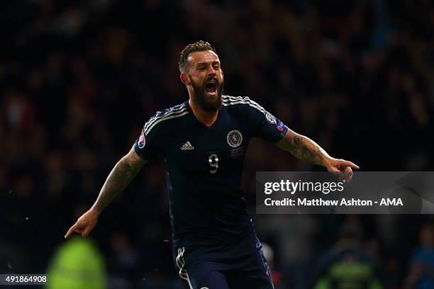 Steven Fletcher of Scotland celebrates after scoring a goal to make it 2-1during the UEFA EURO 2016 qualifier between Scotland and Poland at Hampden...