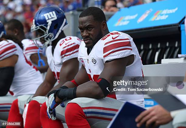 Jon Beason of the New York Giants looks on from the bench during NFL game action against the Buffalo Bills at Ralph Wilson Stadium on October 4, 2015...