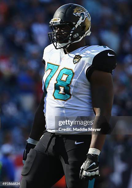 Jermey Parnell of the Jacksonville Jaguars looks on during the game against the New England Patriots at Gillette Stadium on September 27, 2015 in...