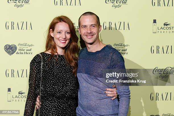 Lavinia Wilson and Barnaby Metschurat attend the 5th anniversary celebrations of the GRAZIA magazine at Grill Royal on October 08, 2015 in Berlin,...