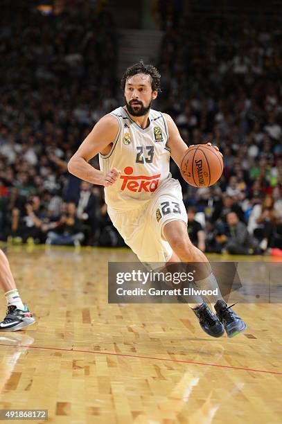 Sergio Llull of Real Madrid dribbles against the Boston Celtics as part of the 2015 Global Games on October 8, 2015 at the Barclaycard Center in...