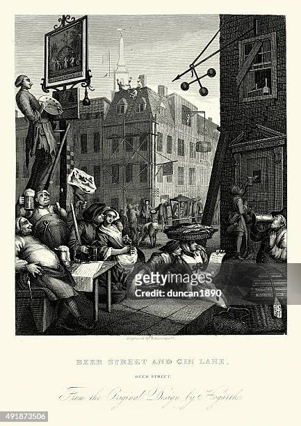william hogarth beer street - london 18th century stock illustrations