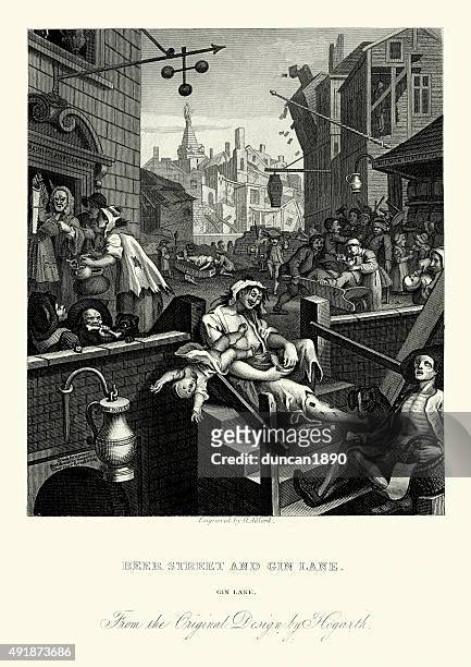 william hogarth gin lane - london 18th century stock illustrations