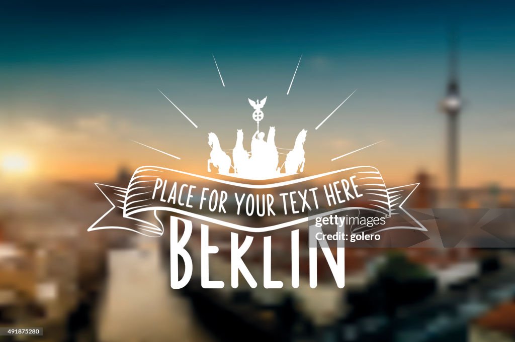 Vintage berlin vector label on blurred sundown skyline