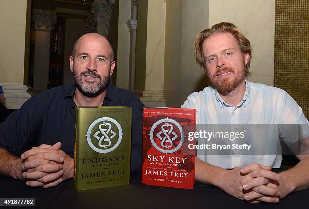 Co-Authors James Frey and Nils Johnson-Shelton appear with their books, "Endgame: The Calling" and "Sky Key" during the grand prize presentation of...